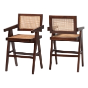 bali & pari Kresna Rattan Counter Stool with Mahogany Wood Frame and Armrest, Set of 2 - Handwoven Counter Height Chair with Cane Back and Seat, Stylish Seating for Kitchen Island or Dining Area